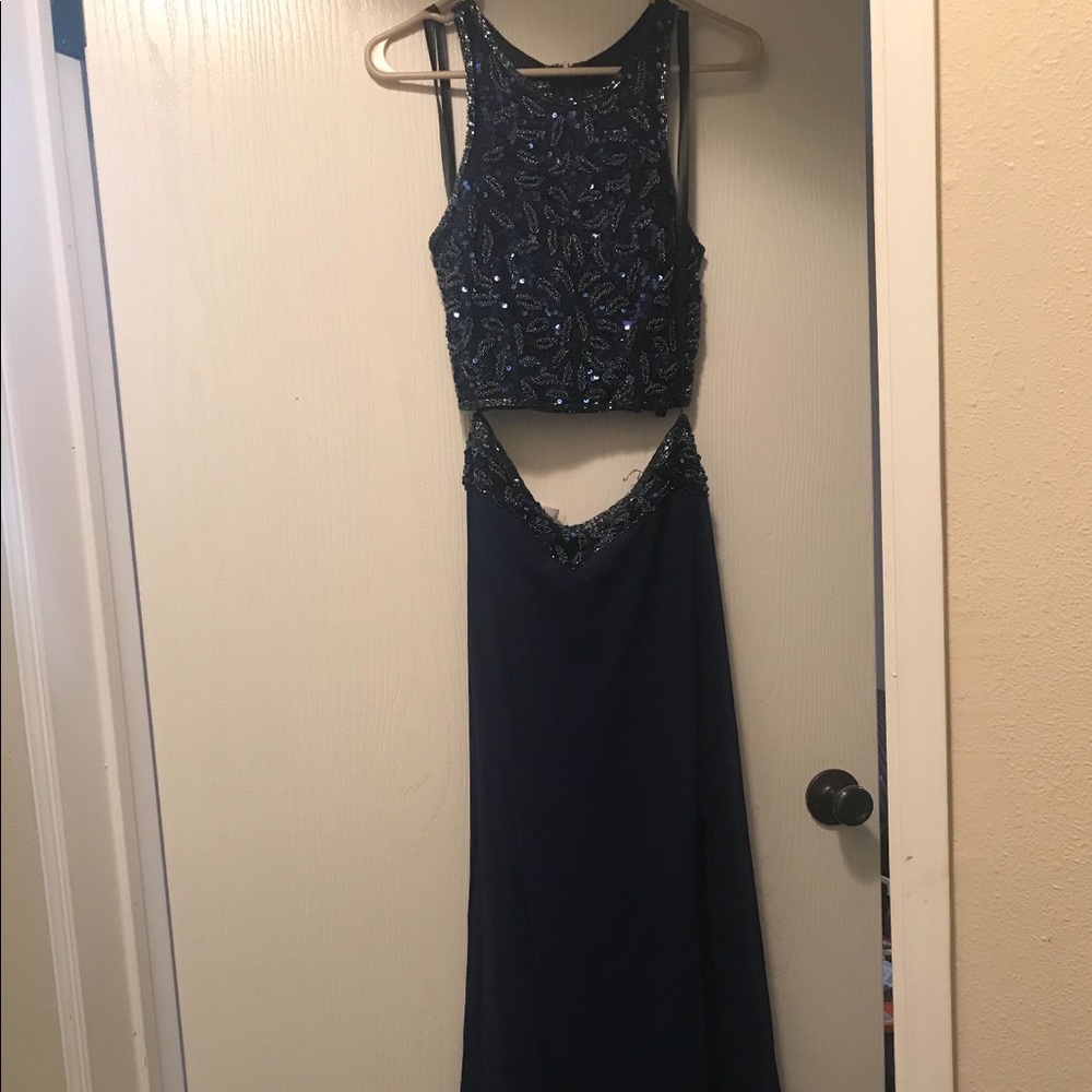 Blue two piece prom dress.